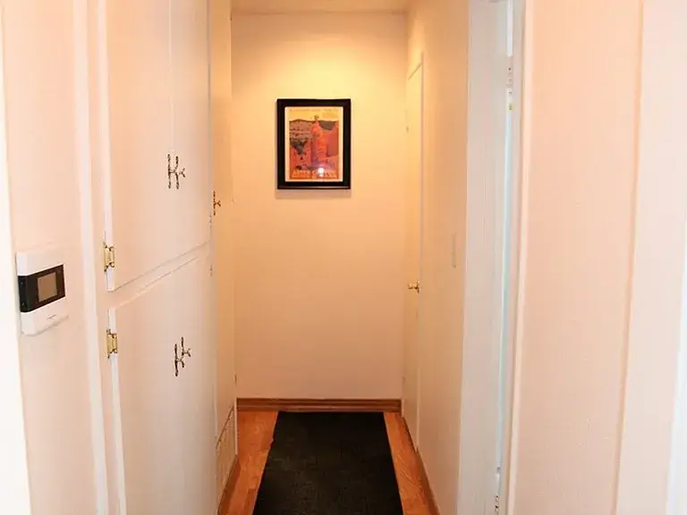 Narrow hallway with white walls, wood floor, cabinets, and framed wall art.